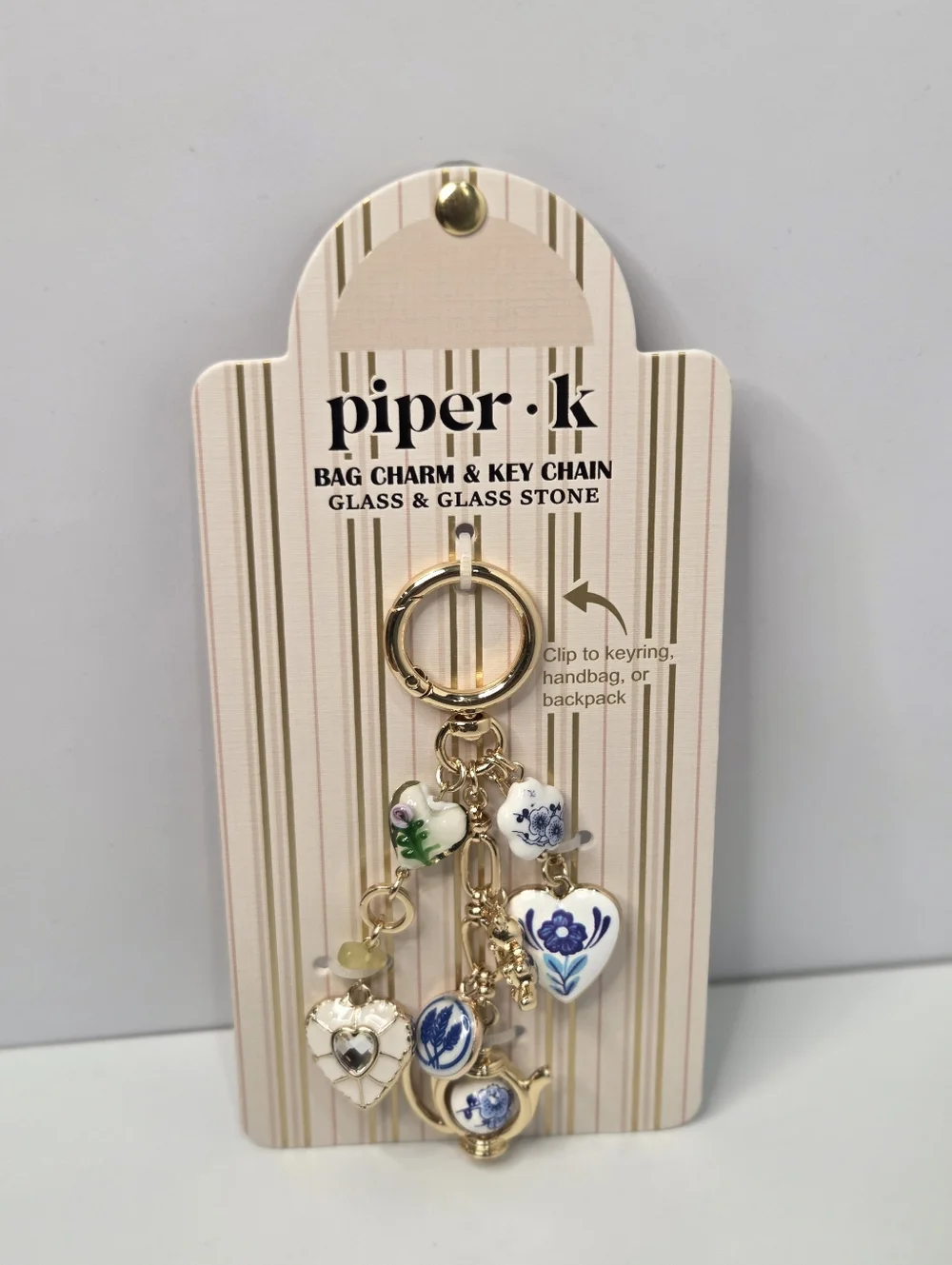 🤍▪️piper k▪️ UK Gold and White Teapot  Glass/Glass Stones  Floral Bag Charm